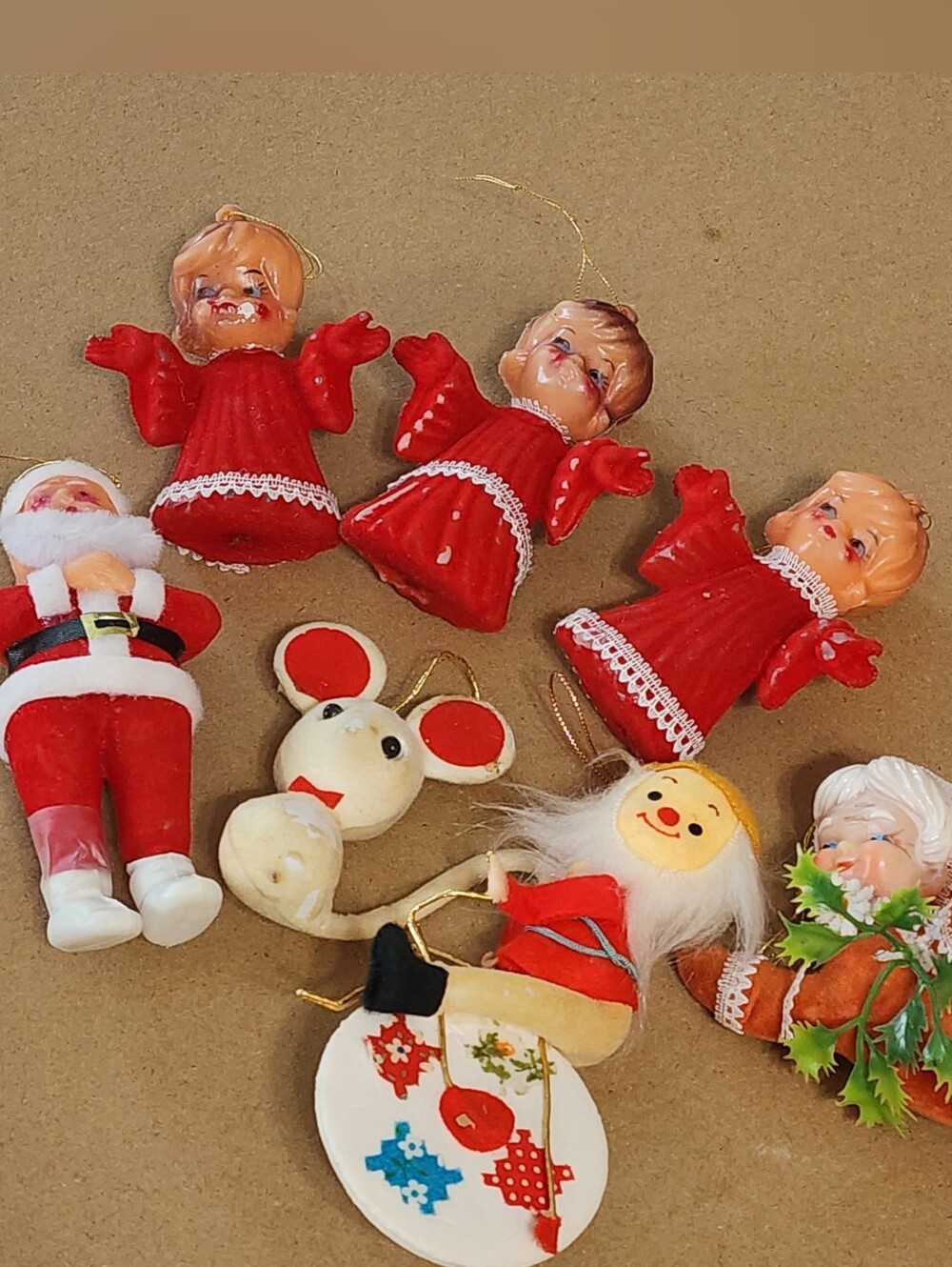 Lot Of 7 Various Unique Vintage MCM Santa Mrs. Claus Ornaments Mouse Flocked